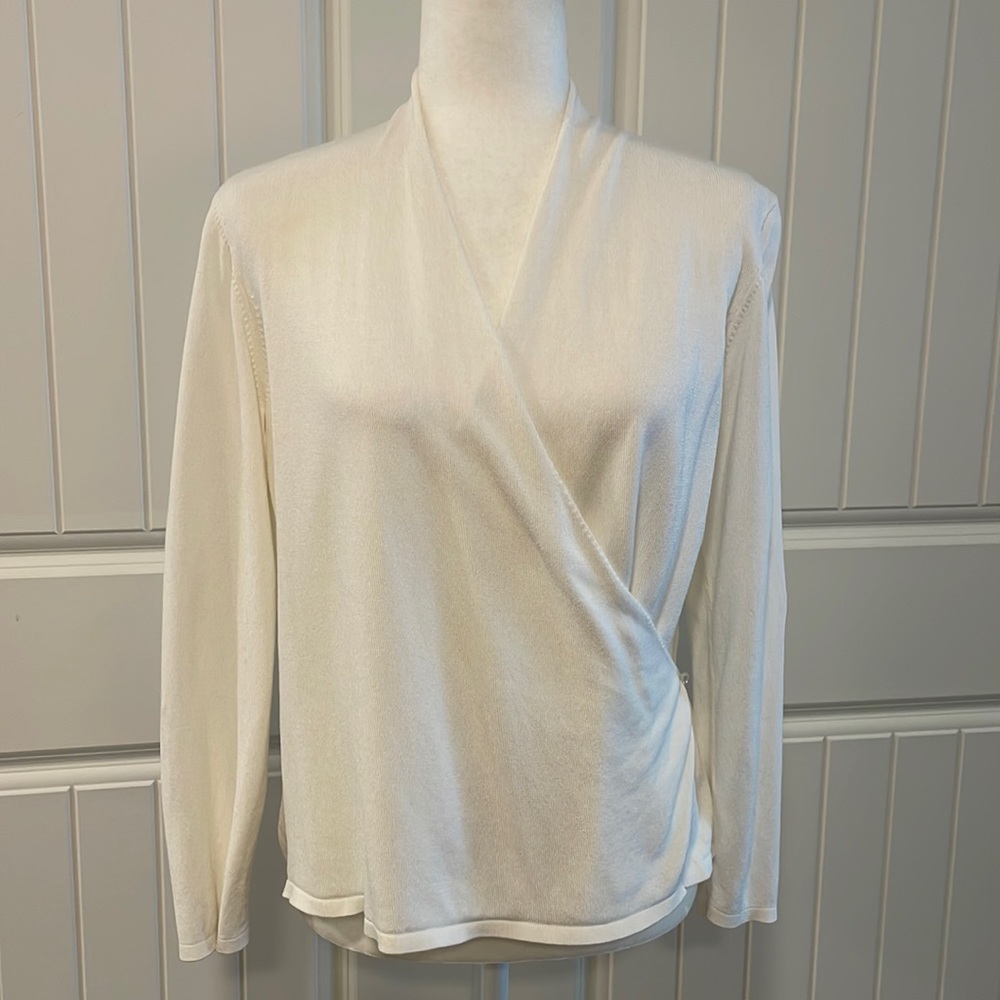 Eileen Fisher Wrap Front Cotton Blend Long Sleeve Sweater Top